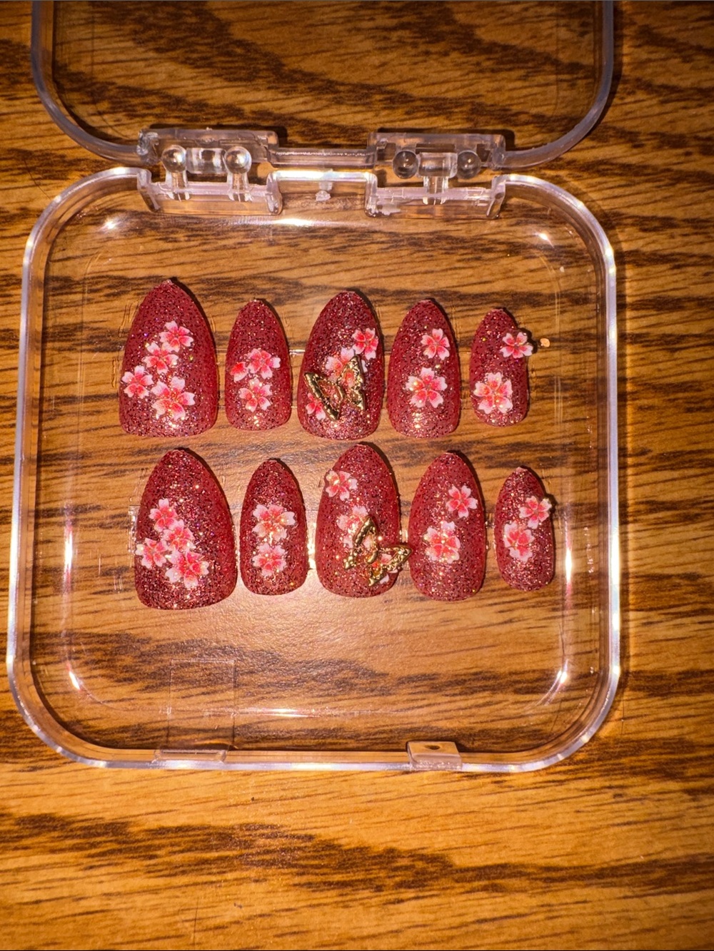Red Floral Glitter Press-On Nails - Women Makeup